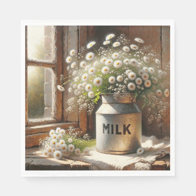 Old-fashioned Milk Can With Daisy Bouquet Napkins (Front)