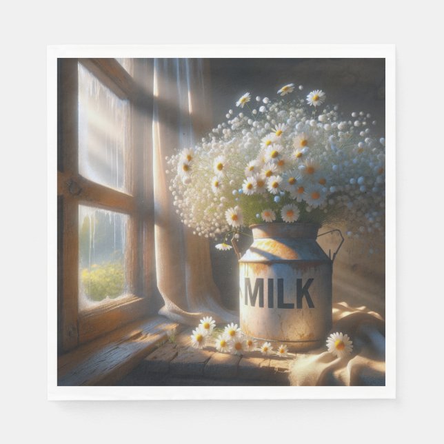 Old-fashioned Milk Can With Daisy Bouquet Napkins (Front)