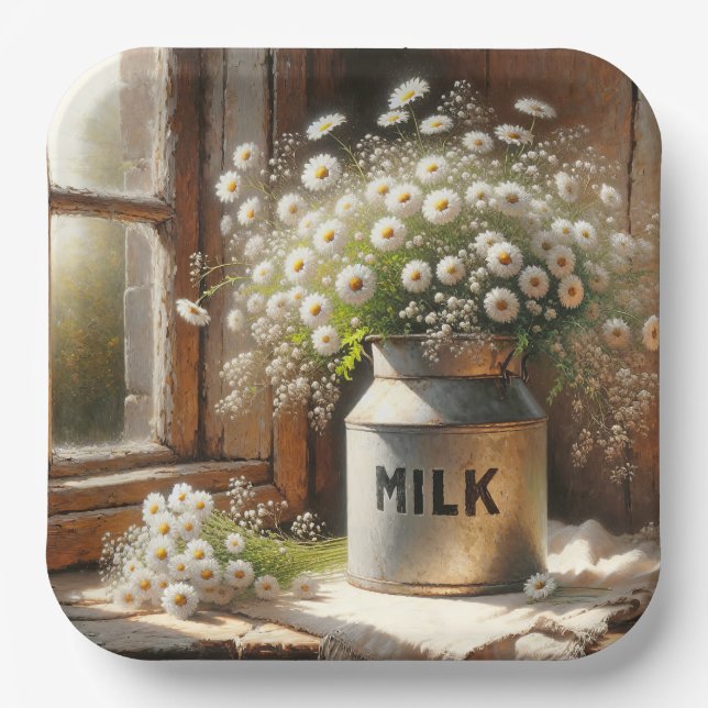 Old-fashioned Milk Can With Daisy Bouquet Paper Plates (Front)