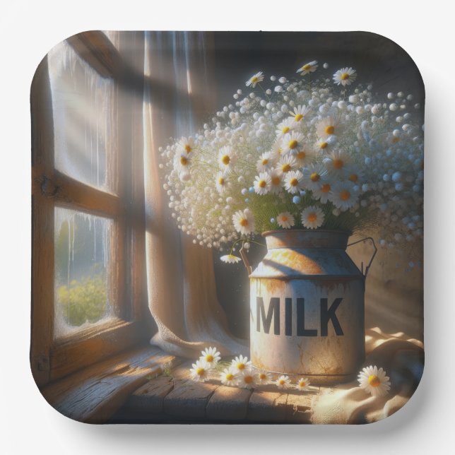 Old-fashioned Milk Can With Daisy Bouquet Paper Plates (Front)