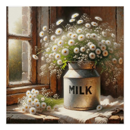 Old_fashioned Milk Can With Daisy Bouquet Poster