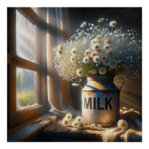 Old-fashioned Milk Can With Daisy Bouquet Poster