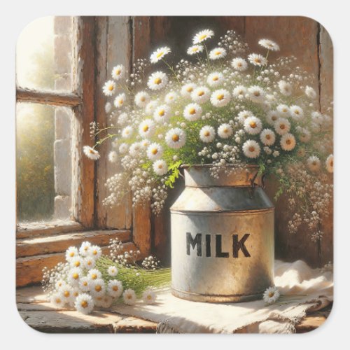 Old_fashioned Milk Can With Daisy Bouquet Square Sticker