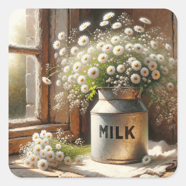Old-fashioned Milk Can With Daisy Bouquet Square Sticker (Front)