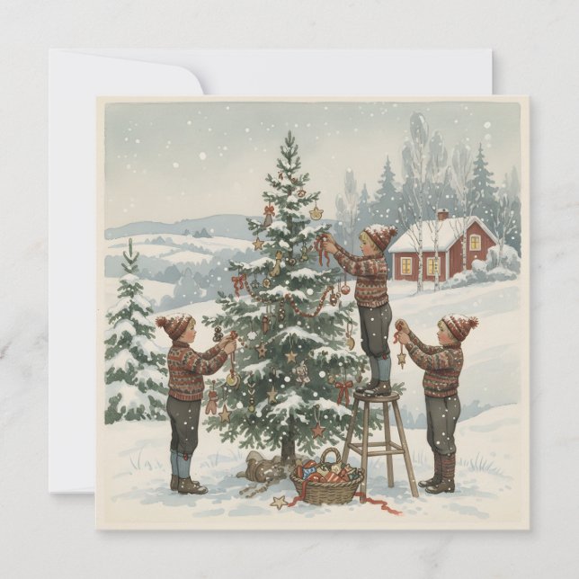 Old-Fashioned Nordic Christmas Tree Holiday Card (Front)