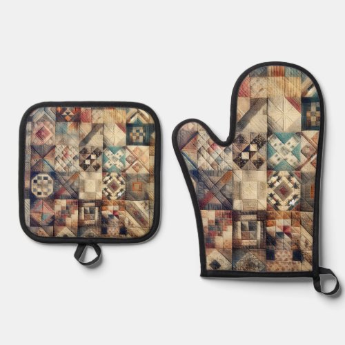 Old_fashioned Patchwork Quilt Design Oven Mitt  Pot Holder Set