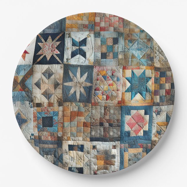 Old-fashioned Patchwork Quilt Design Paper Plates (Front)