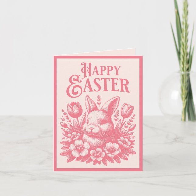 Old Fashioned Pink Easter Bunny  Holiday Card (Front)