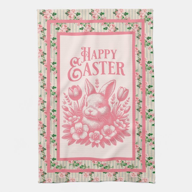 Old Fashioned Pink Easter Bunny  Kitchen Towel (Vertical)