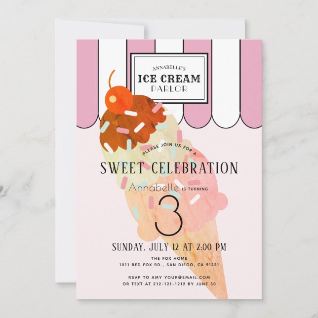 Old Fashioned Pink Ice Cream Parlor Birthday Invitation (Front)