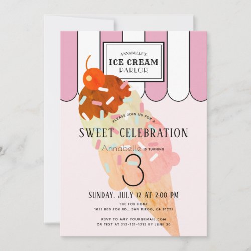 Old Fashioned Pink Ice Cream Parlor Birthday Invitation