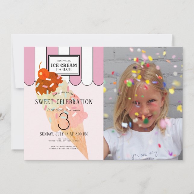 Old Fashioned Pink Ice Cream Parlor Photo Birthday Invitation (Front)