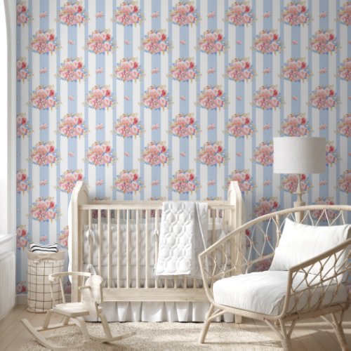 Old Fashioned Pink  Red Roses On Blue Stripes Wallpaper