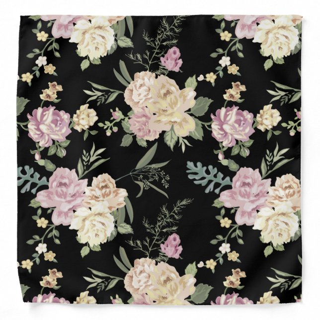 Old Fashioned Pink Roses Chintz Pattern on Black Bandana (Front)