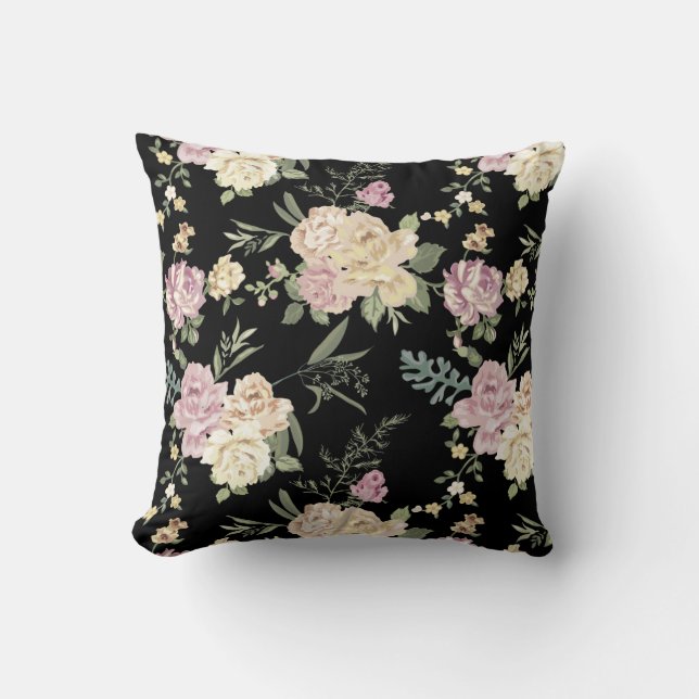 Old Fashioned Pink Roses Chintz Pattern on Black Throw Pillow (Front)