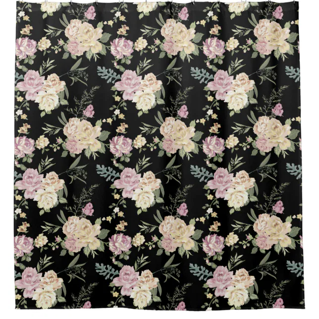 Old Fashioned Pink Roses Pattern on Black Shower Curtain | Zazzle