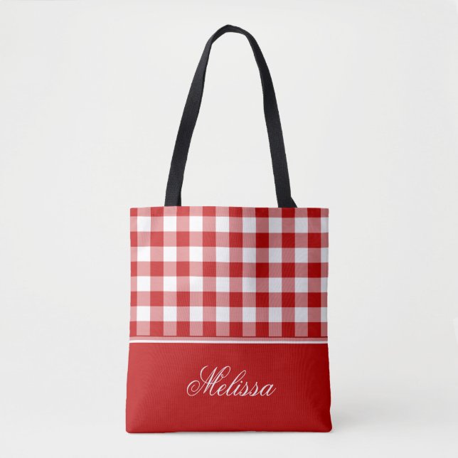 Old Fashioned Red and White Gingham | Personalized Tote Bag (Front)