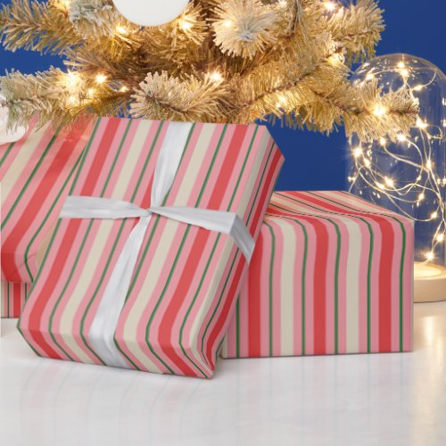 Old Fashioned Retro Christmas Stripe Pattern Pink Wrapping Paper