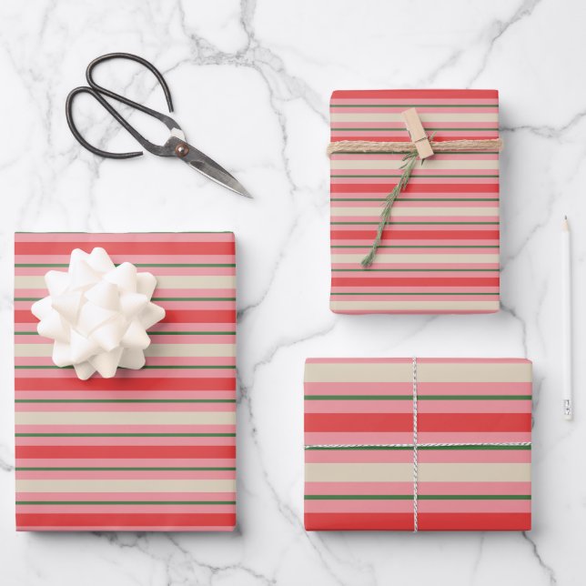 Old Fashioned Retro Christmas Stripe Pattern Pink Wrapping Paper Sheets (Front)