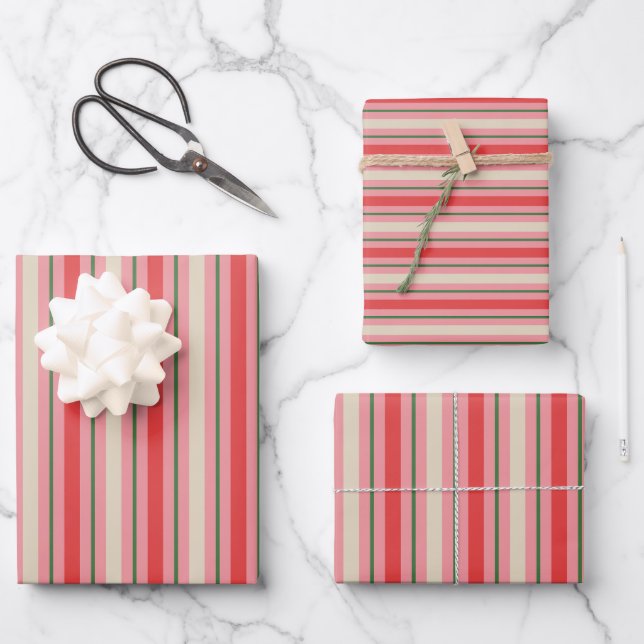 Old Fashioned Retro Christmas Stripe Pattern Pink Wrapping Paper Sheets (Front)