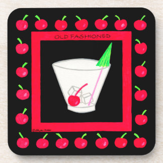 Old Fashioned Retro Drink Red Cherries on Black Beverage Coaster