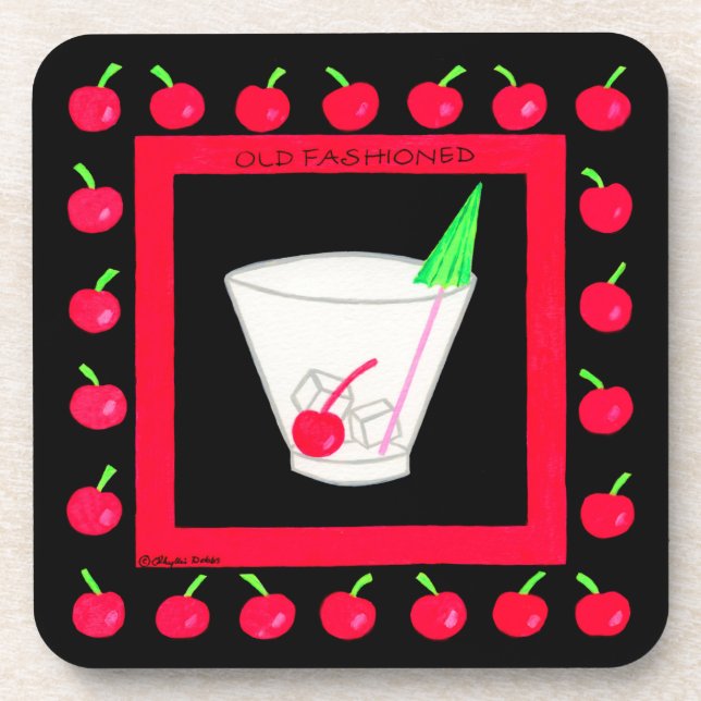 Old Fashioned Retro Drink Red Cherries on Black Beverage Coaster (Front)