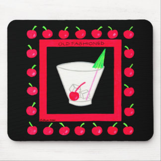 Old Fashioned Retro Drink Red Cherries on Black Mouse Pad