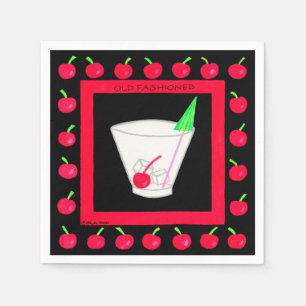 Old Fashioned Retro Drink Red Cherries on Black Paper Napkins