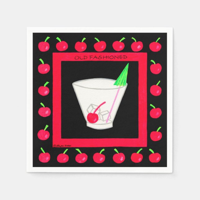 Old Fashioned Retro Drink Red Cherries on Black Paper Napkins (Front)