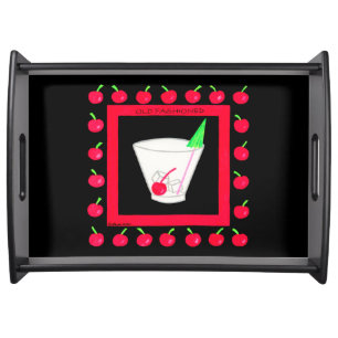 Old Fashioned Retro Drink Red Cherries on Black Serving Tray