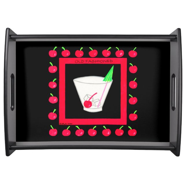 Old Fashioned Retro Drink Red Cherries on Black Serving Tray (Front)