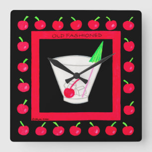 Old Fashioned Retro Drink Red Cherries on Black Square Wall Clock