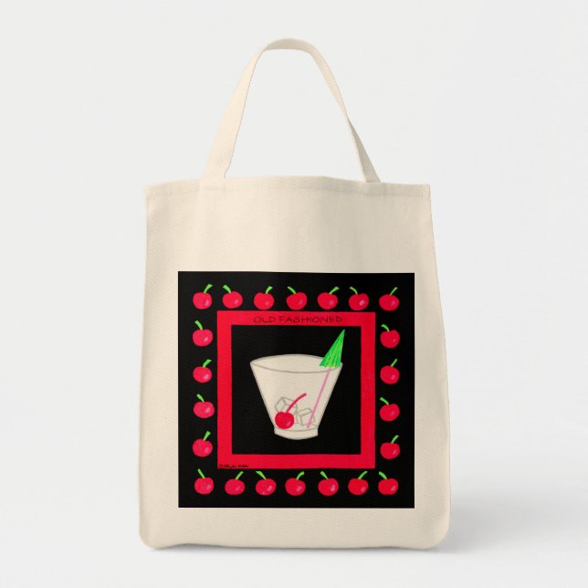 Old Fashioned Retro Drink Red Cherries on Black Tote Bag (Front)