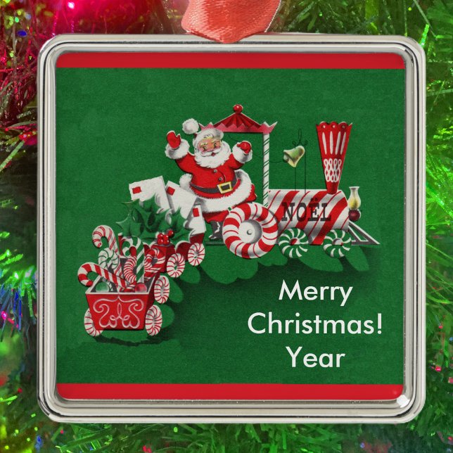 Old Fashioned Santa Candy Train Metal Ornament (Santa Claus riding peppermint candy train with letters on red green Christmas ornament.)