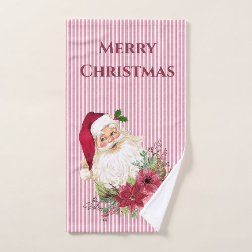 Old Fashioned Santa Claus Cranberry Floral Stripe Hand Towel