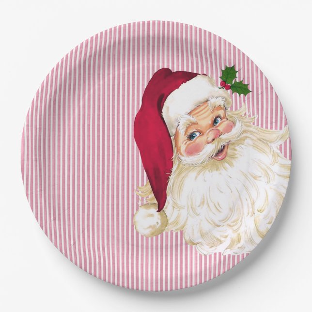 Old Fashioned Santa Claus Cranberry Stripe Paper Plates (Front)