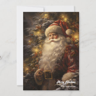 Old fashioned Santa Claus in snowy forest Holiday Card