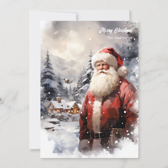 Old fashioned Santa Claus in snowy forest Holiday Card (Front)