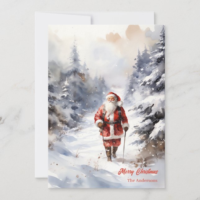 Old fashioned Santa Claus in snowy forest Holiday Card (Front)