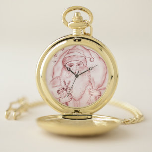 Old Fashioned Santa in Cranberry Pocket Watch