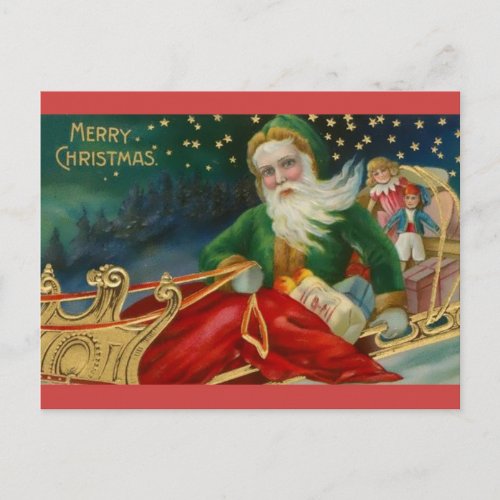 Old Fashioned Santa in Green and Fur in Sleigh Postcard