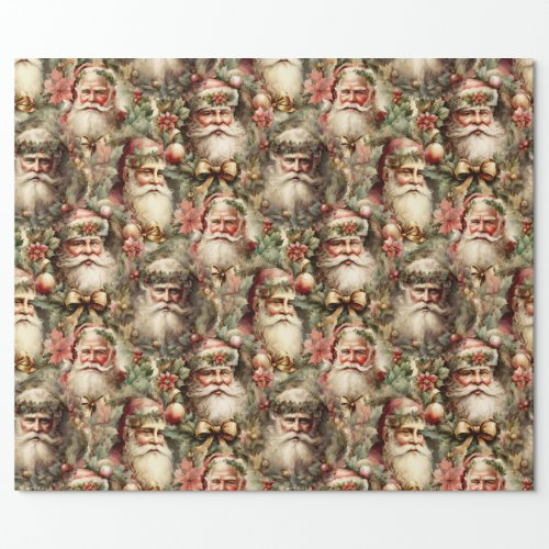 Old Fashioned Santas With Wreaths Wrapping Paper
