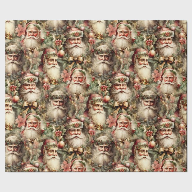 Old Fashioned Santa's With Wreaths Wrapping Paper (Seam)