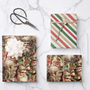 Old Fashioned Santa's With Wreaths Wrapping Paper Sheets