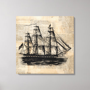 Old Fashioned Ship Art Vintage Newspaper Style Canvas Print