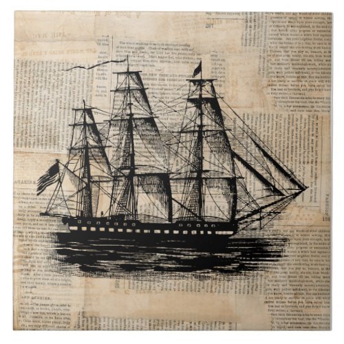Old Fashioned Ship Art Vintage Newspaper Style Ceramic Tile