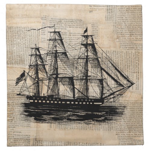 Old Fashioned Ship Art Vintage Newspaper Style Cloth Napkin