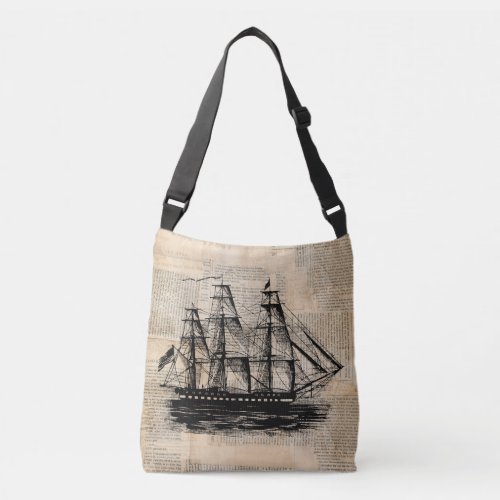 Old Fashioned Ship Art Vintage Newspaper Style Crossbody Bag