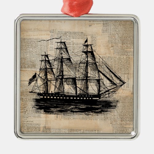 Old Fashioned Ship Art Vintage Newspaper Style Metal Ornament