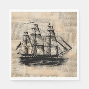 Old Fashioned Ship Art Vintage Newspaper Style Napkins